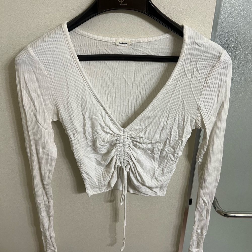 Garage White Ruched Long Sleeve Crop Top